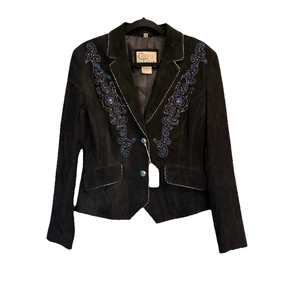 New VTG Cripple Creek Western Jacket Black Suede Beads Embroidered Floral Med